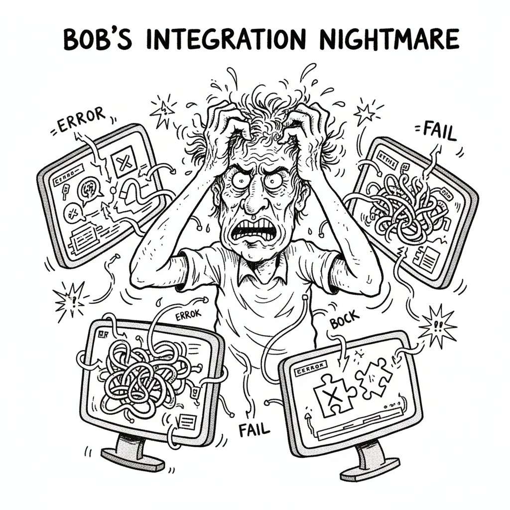 Frustrated developer Bob surrounded by tangled connector code and broken integrations on multiple monitors