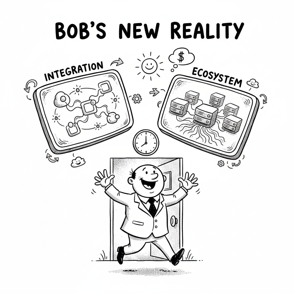 Happy Bob leaving office at 5 PM, with screens showing seamlessly connected systems and an ecosystem of MCP servers